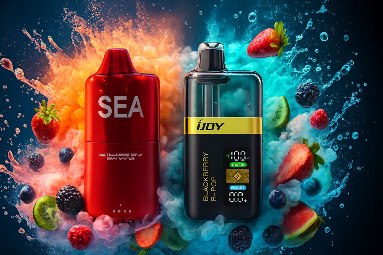 A dramatic image showcasing two distinct disposable vape devices: a vibrant red 