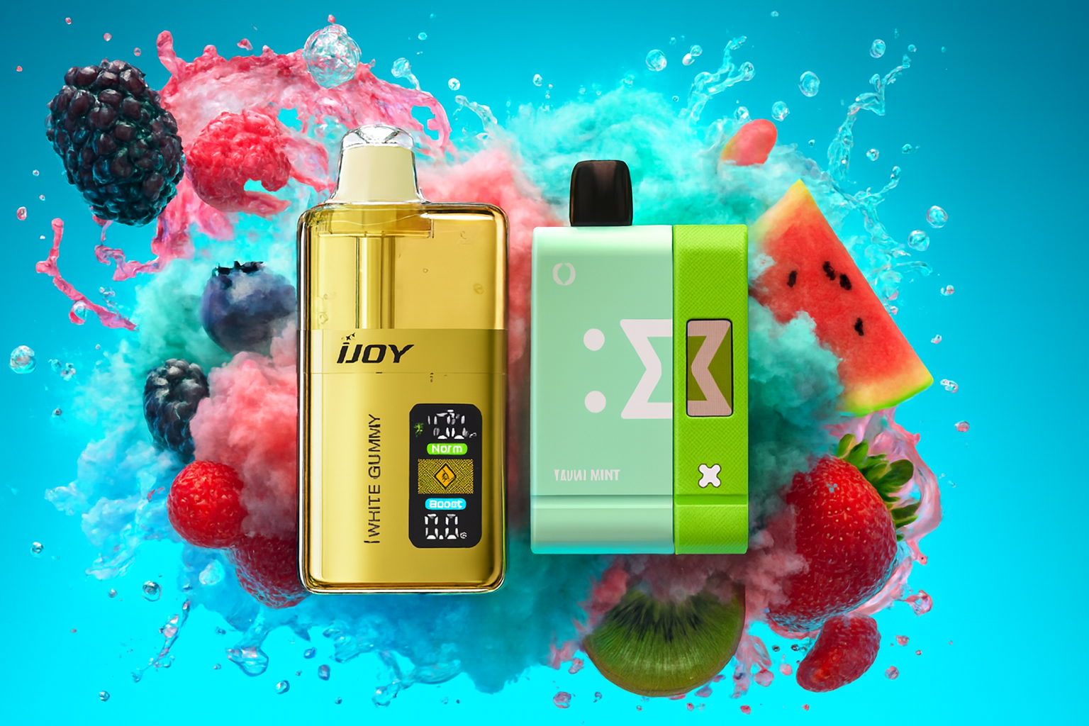 A visually striking studio photograph features two rectangular vaping devices positioned side-by-side against a dynamic splash of pink and blue vapor and liquid. The device on the left is glossy gold, while the one on the right is split between mint green and bright lime green. Various fresh fruits, including berries, kiwi, and a slice of watermelon, are scattered around the devices, emphasizing a sweet, fruity flavor theme.