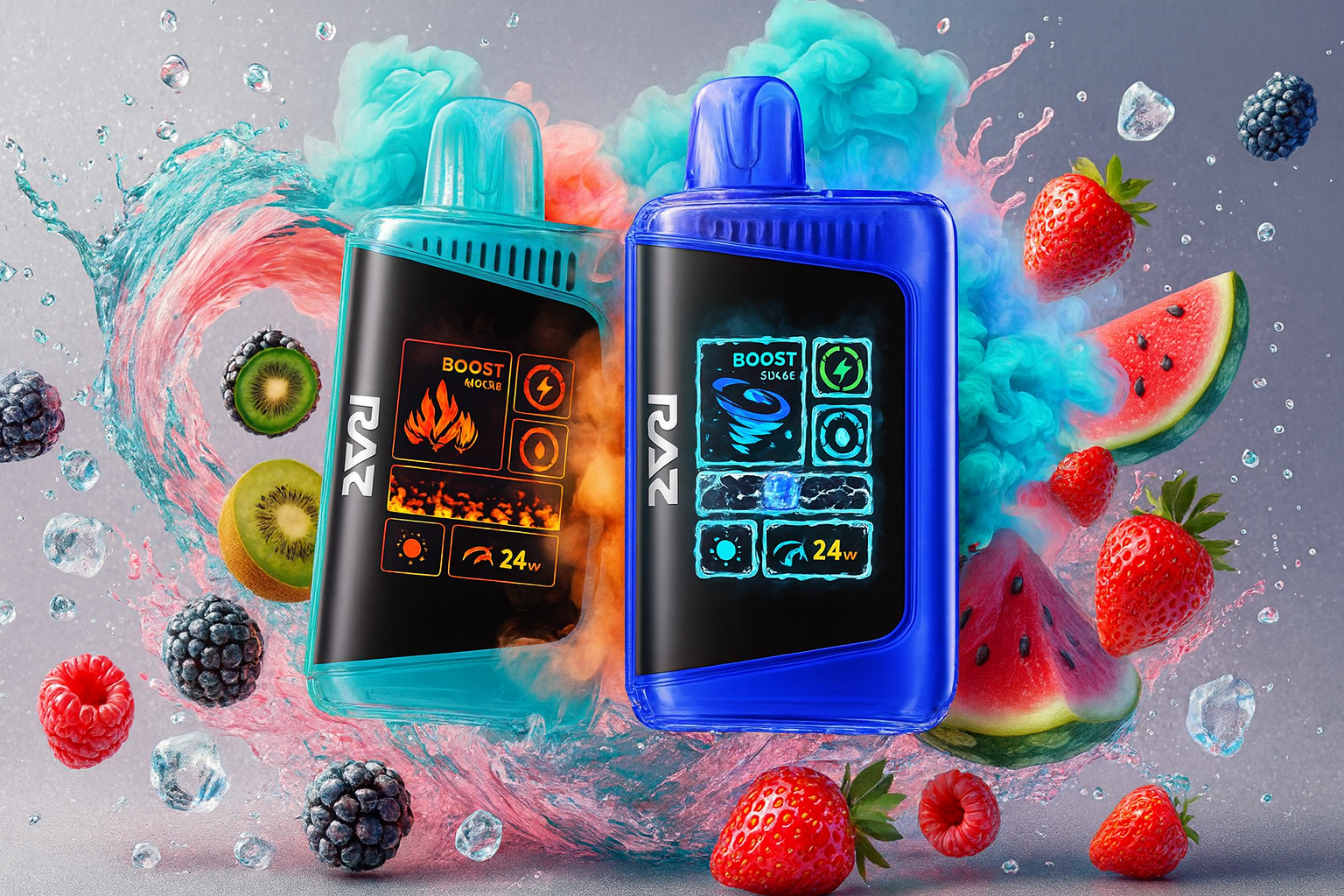 A vibrant close-up of two rectangular disposable vape devices, one teal and one blue, set against a backdrop of swirling colorful vapor and splashing water. The products are surrounded by an assortment of fresh fruits, including strawberries, watermelon slices, kiwi, blackberries, and scattered ice cubes.
