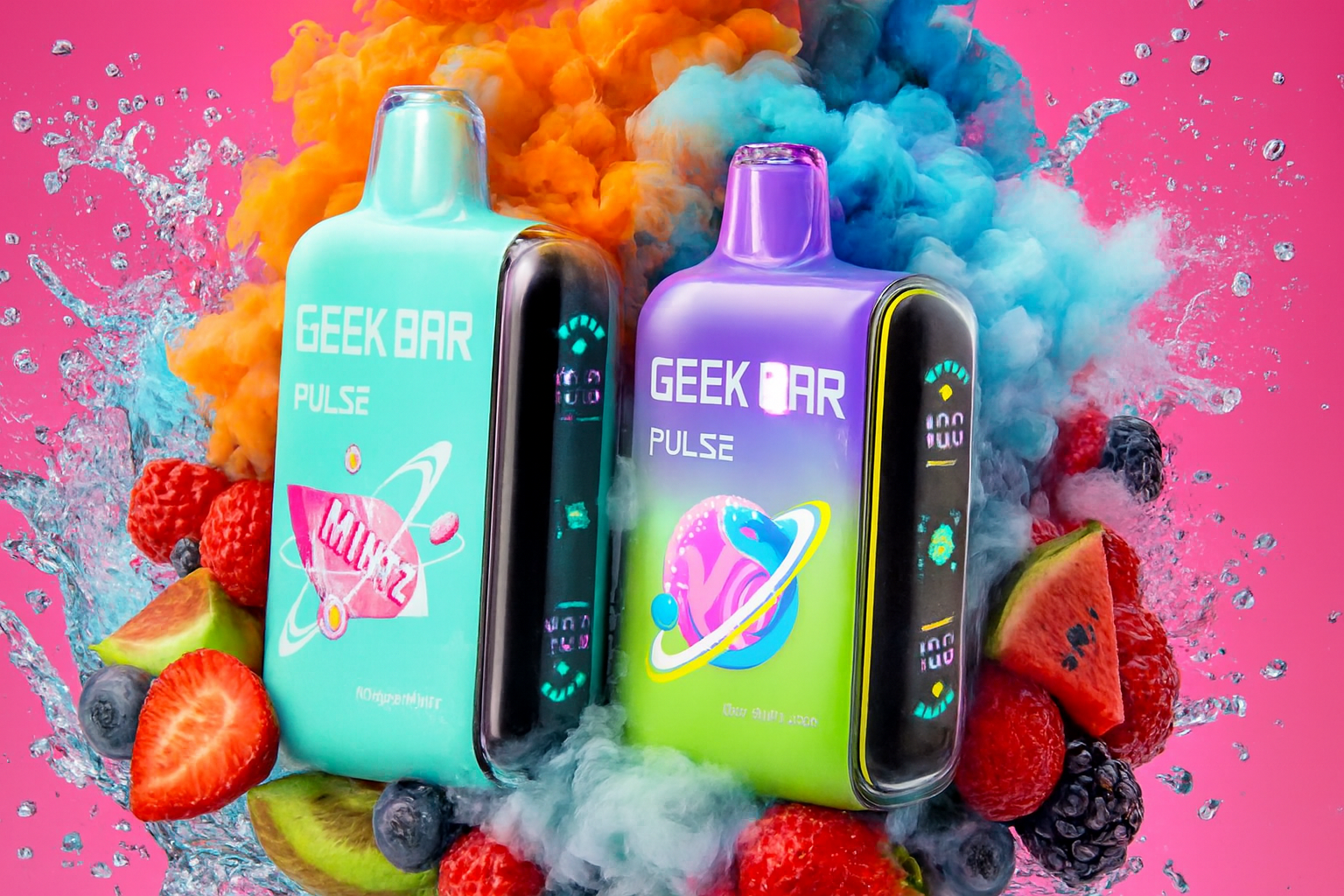 A lively image featuring two box-shaped disposable vape devices, one in a mint green color and the other in purple and bright green. The devices are set against a dramatic backdrop of contrasting orange and blue vapor clouds. Various fresh fruits, including strawberries, blueberries, blackberries, and watermelon slices, surround the products, highlighting a sweet and fruity theme.