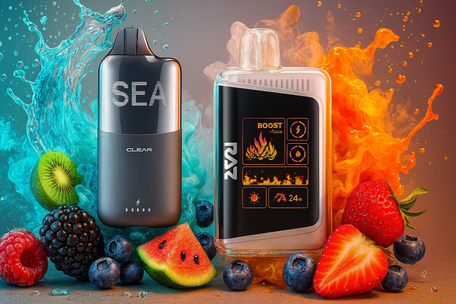 Two contrasting disposable vape devices are showcased against a neutral background dramatically split by opposing plumes of vapor and water. The left side features a dark, opaque device with blue vapor and a water splash, while the right side displays a clear, lighter device with fiery orange smoke. Fresh fruit, including raspberries, blackberries, blueberries, kiwi, and strawberries, is scattered around the base of the products.