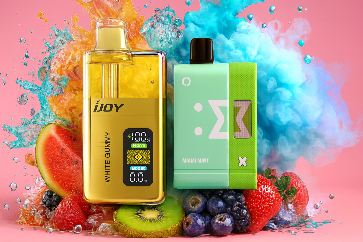 Two different disposable vape devices are prominently featured against a pink background with vibrant, swirling vapor clouds and water splashes. One device is a shiny gold box with a clear liquid reservoir, and the other is a matte mint-green and lime-green design. The products are surrounded by fresh fruits like watermelon, kiwi, strawberries, and blueberries, suggesting sweet and refreshing flavor options.