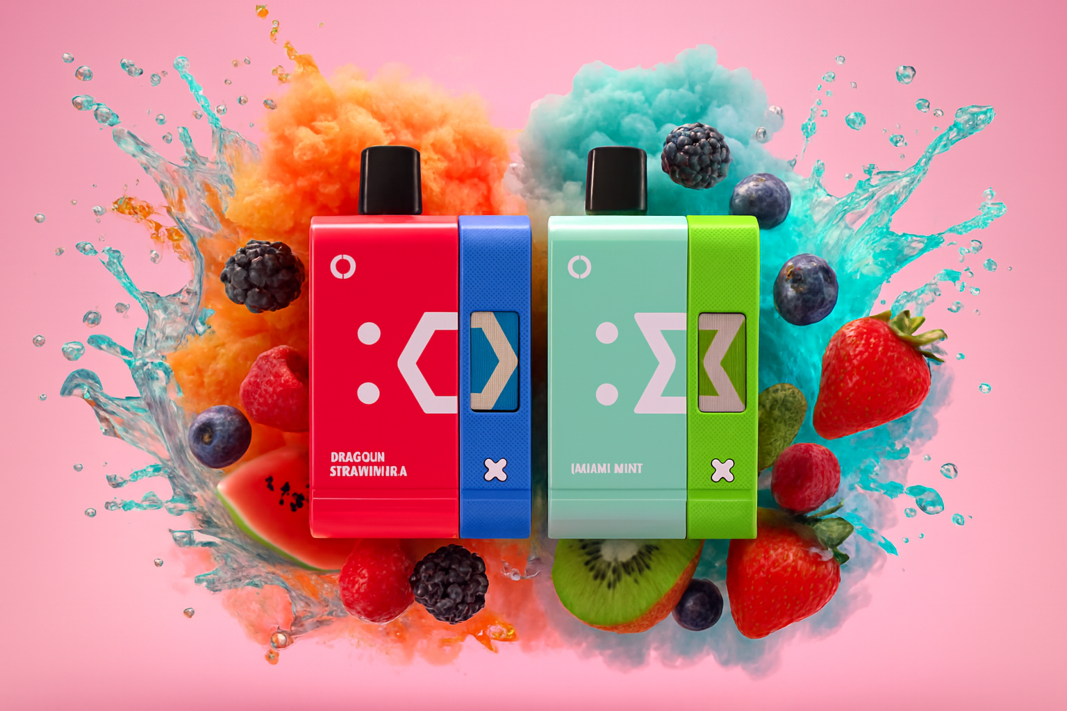 Two futuristic, rectangular disposable vape devices are centered against a pink background, separated by an explosion of colorful orange and blue vapor and splashing water. The device on the left is a bold split of red and blue, while the one on the right is a vibrant mint green and lime green. Fresh fruit, including strawberries, raspberries, blackberries, and kiwi, surrounds the products, suggesting diverse and refreshing flavor combinations.