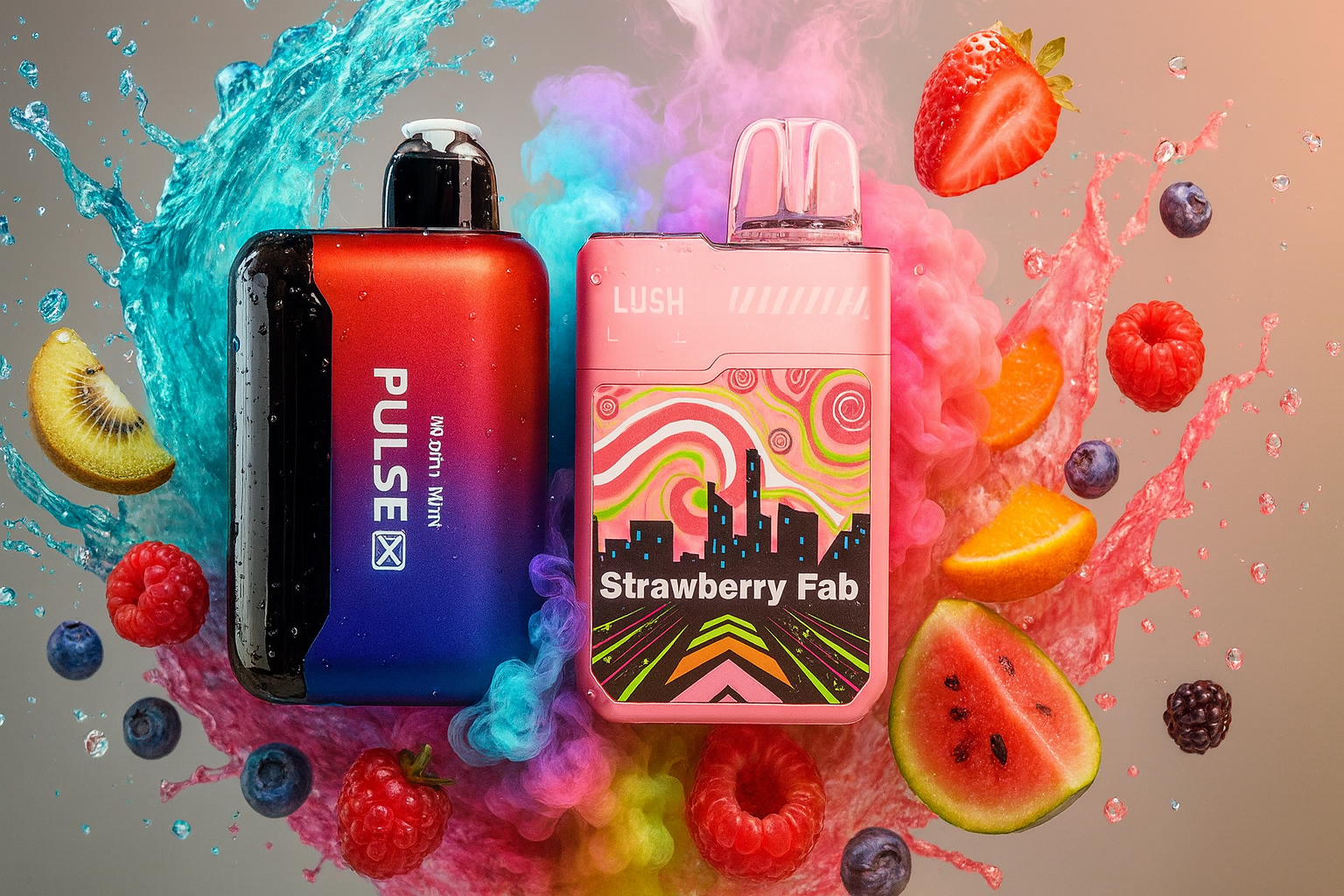Two distinct disposable vape devices are suspended in a dynamic scene with splashing water and colorful vapor against a light gray background. The device on the left features a sleek black-to-blue-to-red gradient design, contrasting with the light pink device on the right, which has a stylized graphic pattern. The products are surrounded by fresh fruits like watermelon, strawberries, raspberries, blueberries, kiwi, and orange slices, emphasizing fruity and complex flavor profiles.