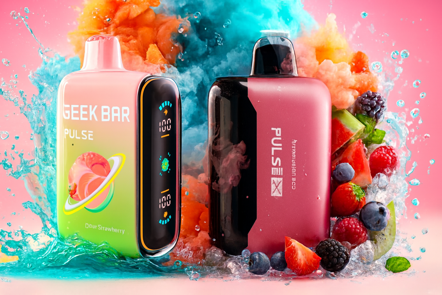 A visually striking image featuring two Geek Bar Pulse and Pulse X disposable vape devices with digital screens, set against a background of vibrant orange and teal smoke/vapor. The vapes are surrounded by water splashes, ice, and a mix of fresh fruits including strawberries, blueberries, kiwi, and watermelon. This dynamic presentation highlights the devices' features and their connection to intense, fruity flavors.