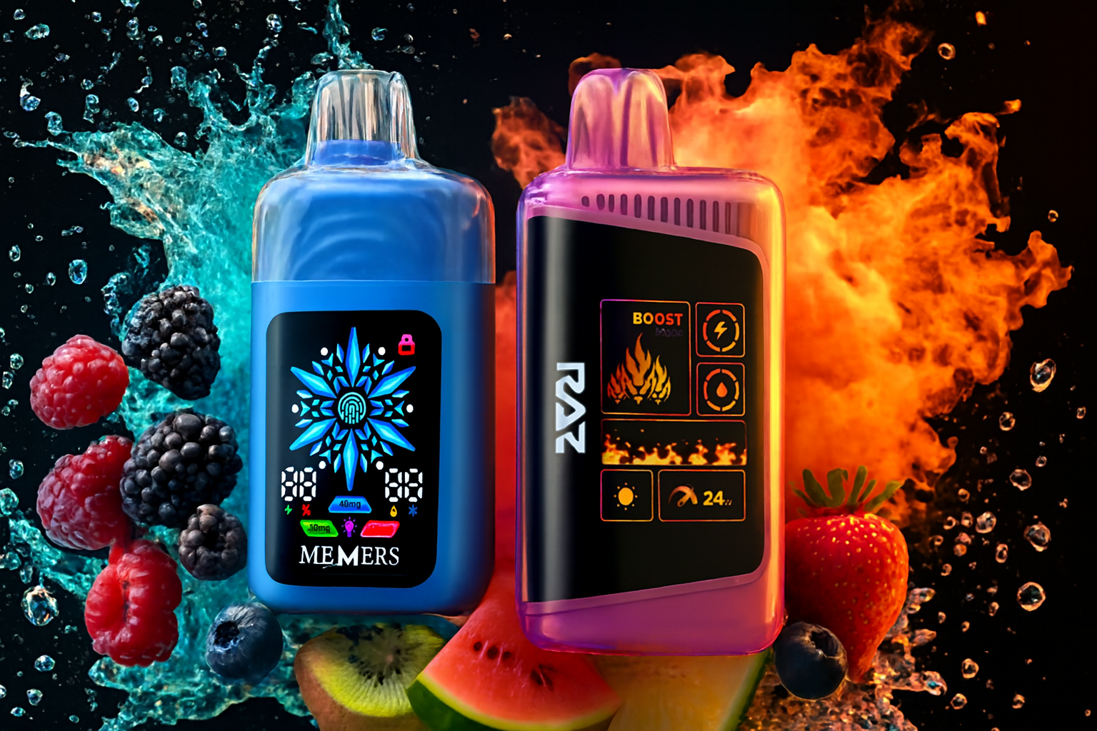 Two distinct disposable vapes, one blue and one black-and-pink, are featured with glowing digital display screens in a dramatic setting. The image is split by contrasting blue and orange smoke and water splashes on a black background, suggesting both icy and fiery characteristics. Various fresh fruits, including raspberries, blackberries, strawberries, blueberries, kiwi, and watermelon, surround the devices, emphasizing sweet, fruity flavors.