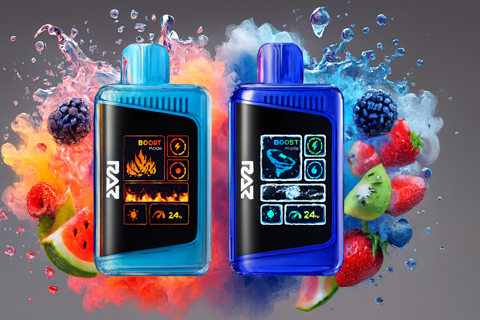 Two rectangular disposable vape devices, one light blue and one dark blue, are presented against a neutral gray background. The products are framed by contrasting clouds of bright red-orange and blue vapor, along with dynamic splashes of water and droplets. Various fruits, including strawberries, blackberries, kiwi slices, and watermelon pieces, are scattered around the devices, emphasizing the flavor profile.