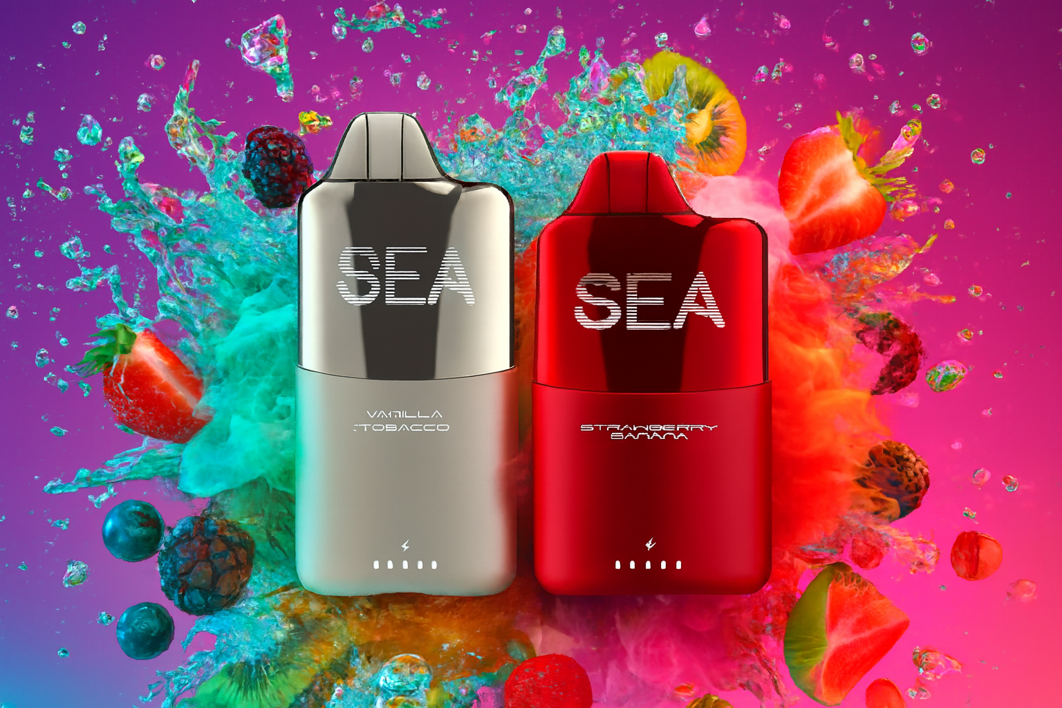 Two smooth, rounded disposable vapes, one metallic silver and one bright red, are featured prominently in a vibrant scene. The background is a mix of bright pink and magenta, with contrasting turquoise and yellow smoke and dramatic water splashes. Various fresh fruits, including strawberries, kiwi, blueberries, and blackberries, are suspended in the water around the devices.