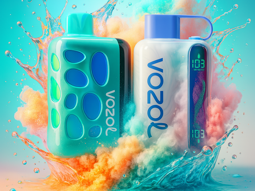 A clean, vibrant image showcasing two VOZOL disposable vape devices, one in a teal color with blue cutout shapes and another in white with blue accents and a digital screen. The devices are surrounded by dramatic splashes of water and bursts of orange, white, and teal colored smoke/vapor. This dynamic visual emphasizes the refreshing, powerful, and clean aesthetic of the product.