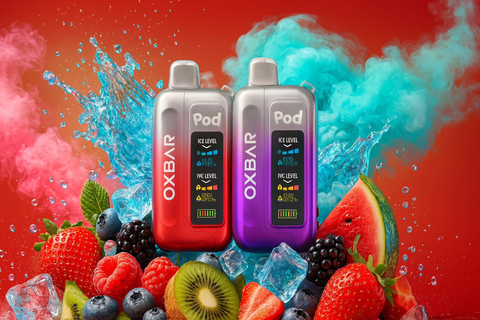 Two sleek, metallic-finished disposable vape devices with clear tops are featured side-by-side against a bright red background. The device on the left has a silver-to-red gradient, and the one on the right has a silver-to-purple gradient. They are surrounded by a dynamic display of splashing water, ice cubes, contrasting pink and blue vapor, and an assortment of fresh fruits like strawberries, raspberries, blueberries, blackberries, kiwi, and watermelon.