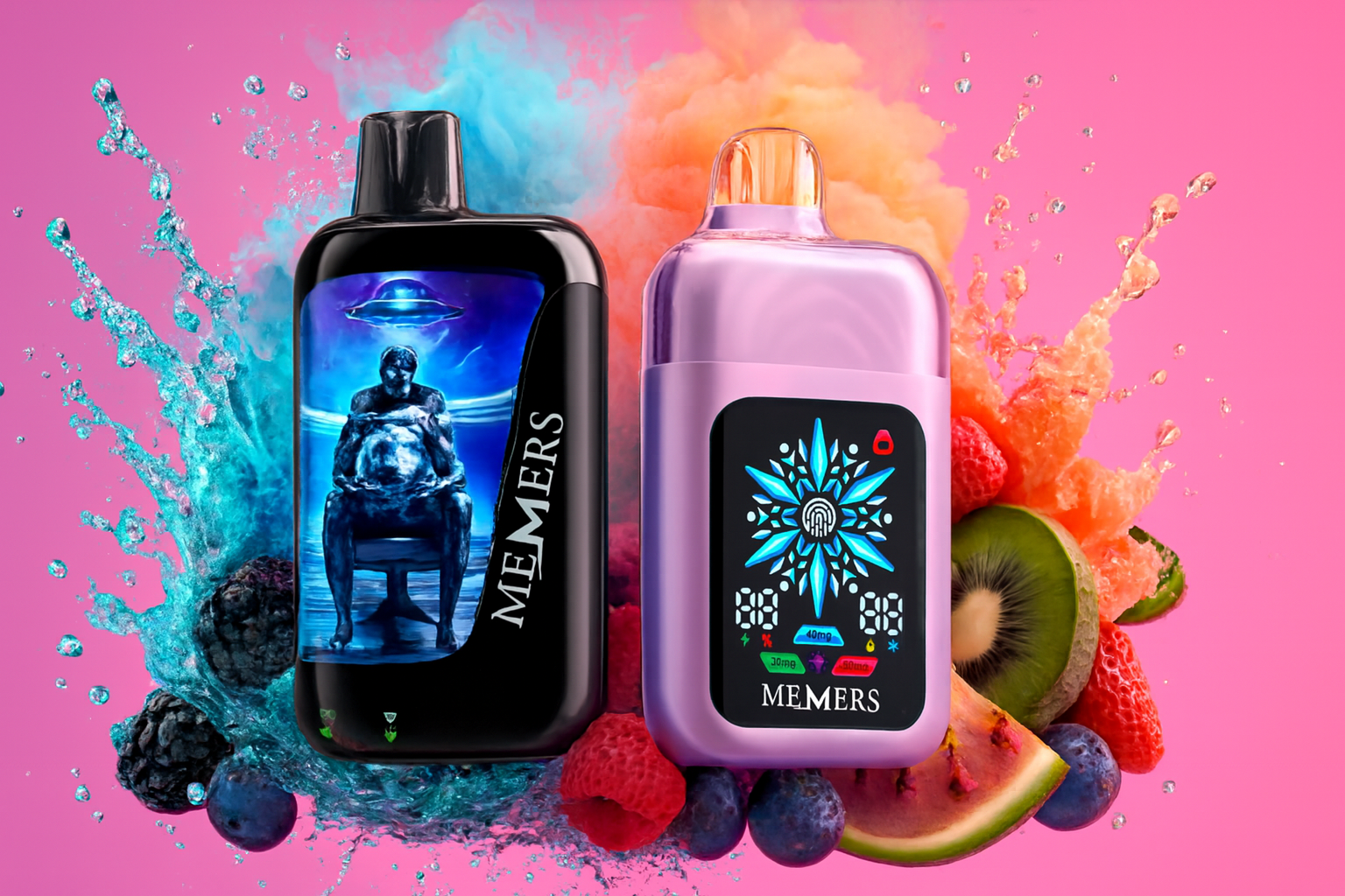 Two distinct disposable vapes, one black with a graphic on the front and one metallic pink with an illuminated screen, are set against a colorful pink background. The products are framed by contrasting plumes of blue and orange smoke, along with dynamic splashes of water. Fresh fruits like blackberries, raspberries, blueberries, strawberries, kiwi, and a slice of watermelon are scattered around the base of the devices.