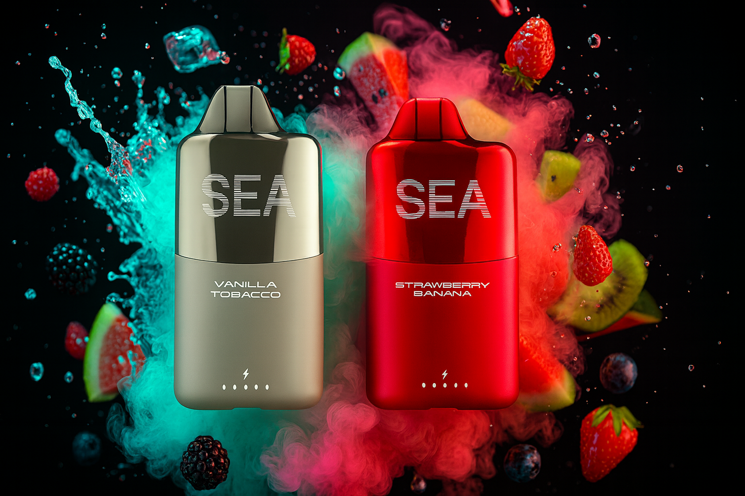 A dark and dramatic product photograph features two disposable vape devices against a black background. The device on the left is silver and light beige, and the one on the right is bright red, both sharing a sleek, curved silhouette. They are centered amidst colorful clouds of teal and pink smoke, with fruit slices, whole berries, and ice cubes suspended around them, suggesting a blend of fruity and rich flavors.