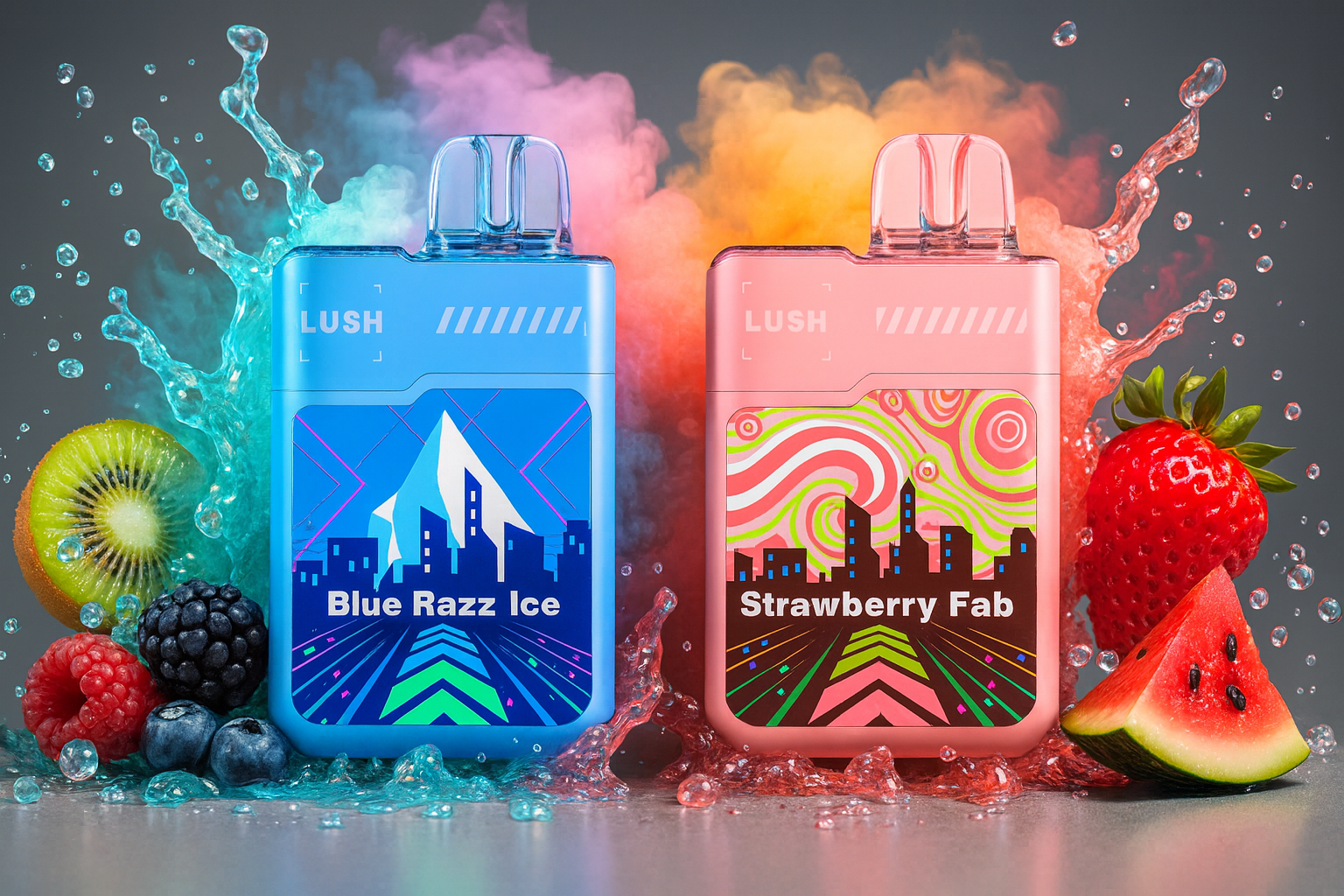 Two colorful disposable vapes, one blue and one pink, are prominently featured on a wet, reflective surface. They are surrounded by splashes of water, vibrant smoke in the background, and fresh fruits like kiwi, raspberries, blueberries, a large strawberry, and a slice of watermelon. The overall image is dynamic and emphasizes the sweet, fruity flavors.