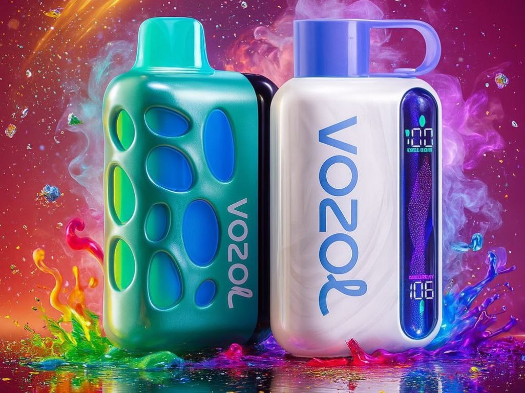 Two futuristic, bottle-shaped electronic devices are displayed side-by-side against a vibrant, fantastical background. The device on the left is teal green with blue, oval-shaped cutouts, while the one on the right is white with a blue cap and a brightly lit vertical screen. The products are surrounded by splashes of glossy, rainbow-colored liquid and smoke, creating a surreal and dynamic visual effect.