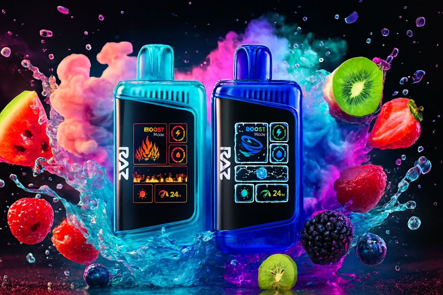 Two modern disposable vapes with illuminated screens, one in a vibrant cyan and the other in deep blue, are centrally featured. They are set against a dark background with dramatic, swirling clouds of colorful smoke in pink, blue, and orange, along with dynamic water splashes. Fresh fruits like strawberries, raspberries, blackberries, kiwi, and watermelon slices surround the devices, suggesting a burst of fruity flavor.