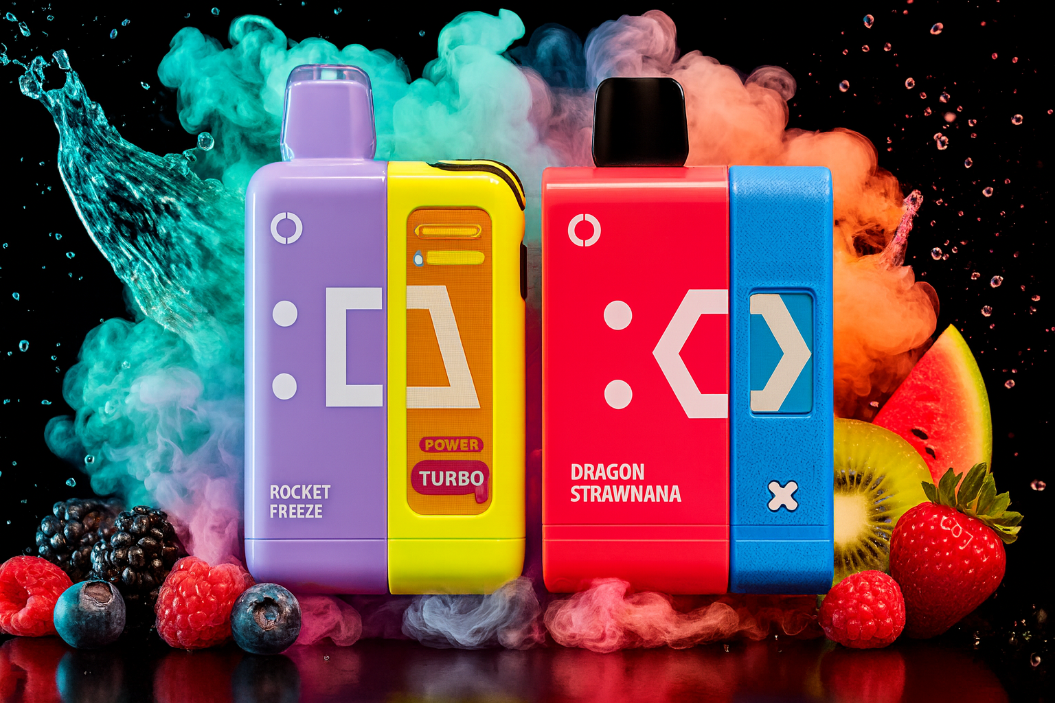 Two square, disposable vape devices with color-block designs—one purple and yellow, the other red and blue—are dramatically centered against a black background. They are partially obscured by dense, colorful plumes of vapor in shades of teal, orange, and pink, with water splashing in the upper left corner. Slices of kiwi and watermelon, along with various berries, are scattered across the foreground, emphasizing the fruity flavor profile.