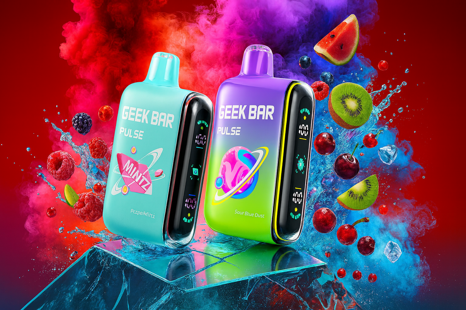 This vibrant advertisement features two Geek Bar Pulse vapes, one in teal and one in purple and lime green, displayed on a reflective ice-like surface. The devices are surrounded by a dynamic explosion of colorful smoke, water splashes, and various fruits including raspberries, cherries, and kiwi slices.