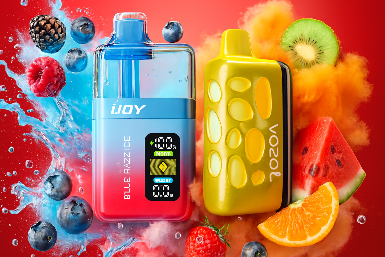 A vibrant, high-energy image featuring two distinct disposable vape devices, one blue/red iJOY 