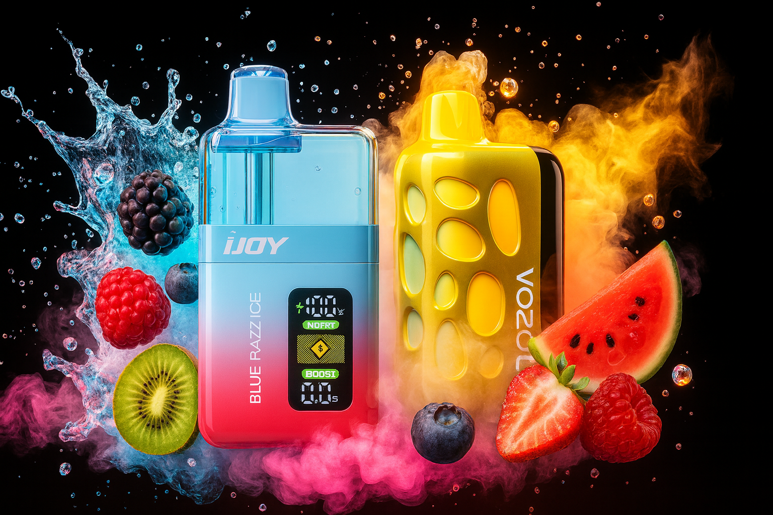 A dramatic product photo featuring two distinct disposable vape devices set against a dark background. The left device is translucent blue and red, and the right device is opaque yellow with a textured surface, surrounded by contrasting plumes of blue, pink, and orange smoke. Fresh fruit slices and berries, including kiwi, watermelon, and strawberries, are scattered around the products with dynamic water splashes.