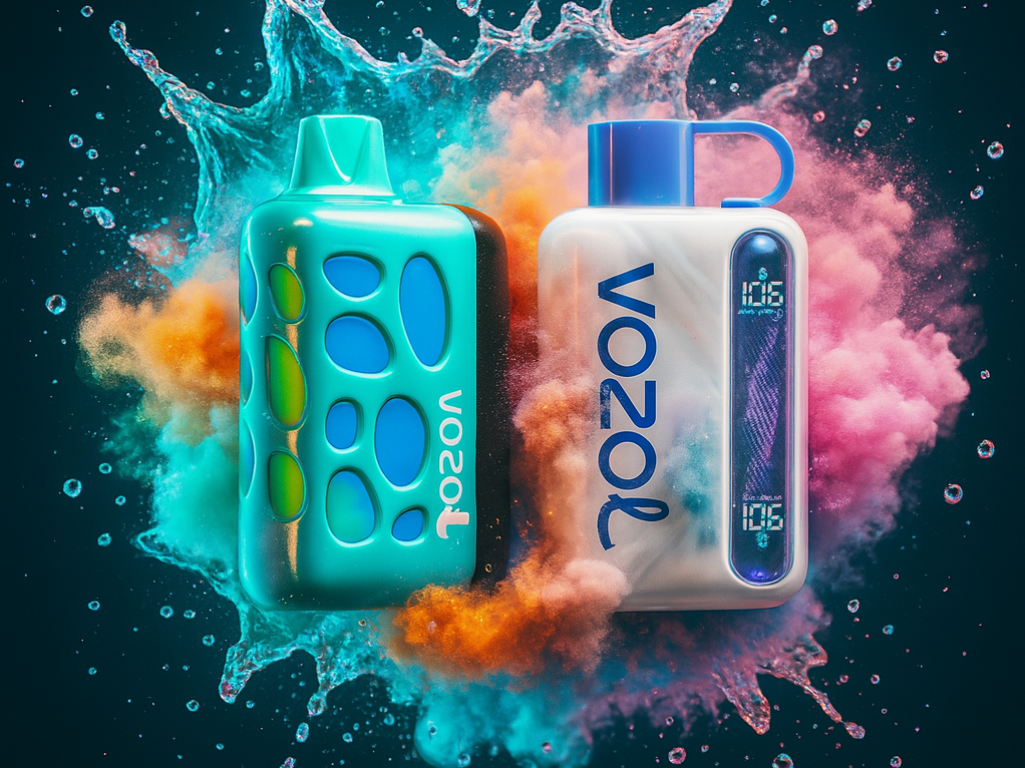 A high-impact product image displays two sleek, rectangular disposable vape devices against a dark background. The vape on the left is a shiny teal-green with darker blue internal elements, while the one on the right is white with a blue mouthpiece and a vertical screen. Both devices are centrally positioned amid dramatic splashes of clear water and colorful clouds of pink and orange powder, creating a striking contrast.