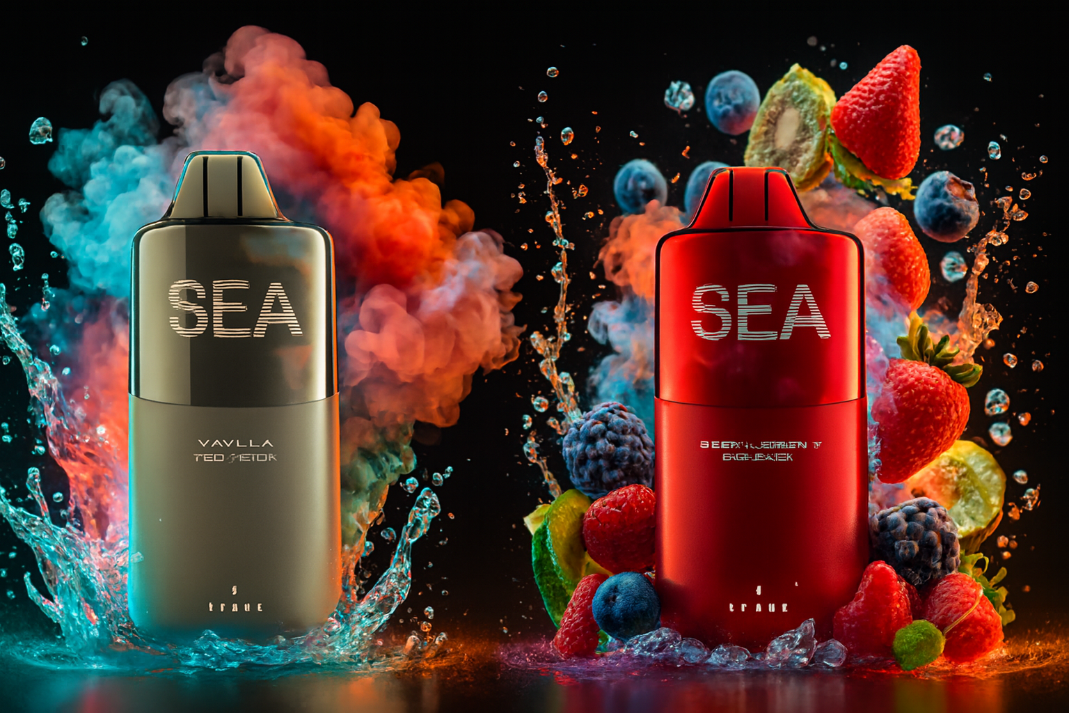 Two sleek, cylindrical disposable vapes, one dark gray and one red, stand on a wet, reflective surface in a dark setting. The background features dramatic, swirling clouds of colorful smoke in shades of blue, orange, and red. The devices are surrounded by an abundance of fresh fruit, including strawberries, blueberries, raspberries, blackberries, and kiwi, emphasizing the bold, fruity flavors.